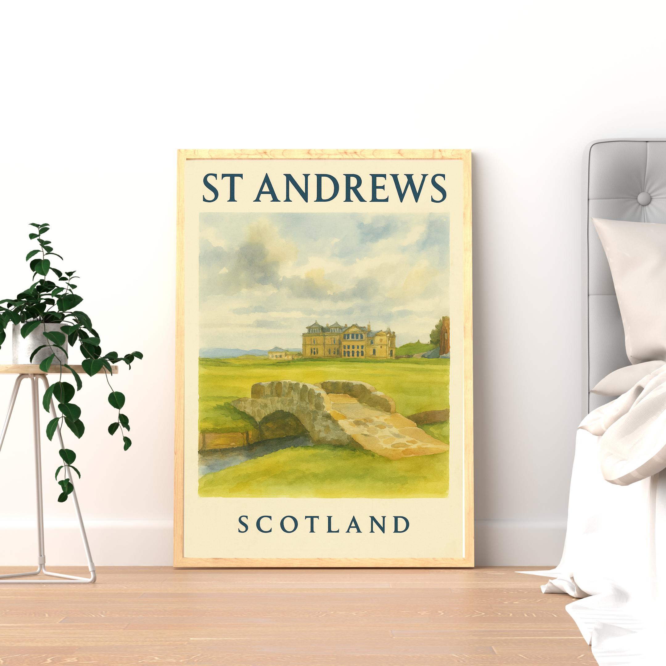 セントアンドリュース・オールドコースの水彩画ポスター：ゴルフ発祥の