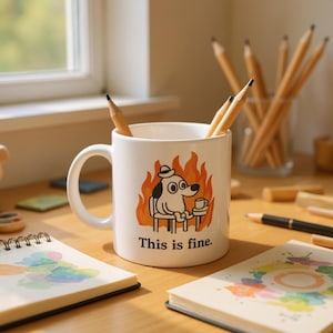This Is Fine Meme Mug – Funny Dog in Fire Cup, Internet Meme Coffee Cup, Sarcastic Humor Gift, Dishwasher & Microwave Safe