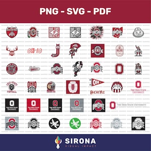 Puede incluir: Una colección digital de logotipos y gráficos de la Ohio State University en formatos PNG, SVG y PDF. El conjunto presenta varios diseños en escarlata y gris, incluyendo el bloque O, logotipos, ilustraciones de mascotas y emblemas.