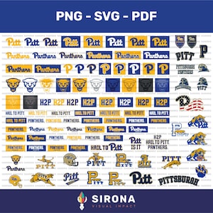 Könnte beinhalten: Eine digitale Sammlung von Logos, Texten und Maskottchen der University of Pittsburgh Panthers in Blau und Gold. Die Grafik enthält verschiedene Versionen des Pitt-Schriftzugs, H2P, Hail to Pitt und Pantherkopf-Symbole in einem Raster.