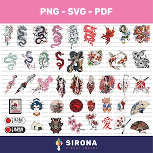 Puede incluir: Una colección digital de ilustraciones gráficas de temática japonesa que incluye varios dragones, peces koi, máscaras de samurái, flores de cerezo, abanicos y caracteres kanji. El conjunto se presenta como una cuadrícula de diseños.