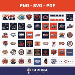 Könnte beinhalten: Eine digitale Sammlung von Chicago Bears Sportteam-Logos und Grafikdesigns in Marineblau und Orange. Das Set enthält verschiedene Bärenkopf-Illustrationen, Football-Helm-Symbole, textbasierte Logos und teambezogene Embleme in den Formaten PNG, SVG und PDF.