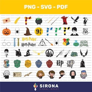 May include: A digital collection of Harry Potter themed graphic illustrations including character icons, house crests, magical objects like wands, a cauldron, a broomstick, the golden snitch, and text logos, presented in a grid format for design projects.