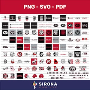 May include: A digital collection of University of Georgia and Bulldogs themed graphic designs, including logos, bulldog mascots, text, and an alphabet set in red, black, white, and grey. The file formats PNG, SVG, and PDF are listed at the top.