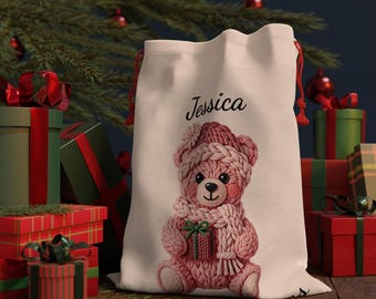 Bolsa de regalo navideña con nombre personalizado - Saco de Papá Noel con bordado de imitación de osito rosa