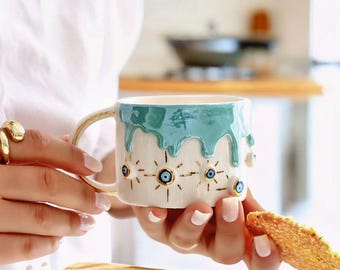 Evil Eye Mug - Mint Green Coffee Cup, Handmade Turkish Gift