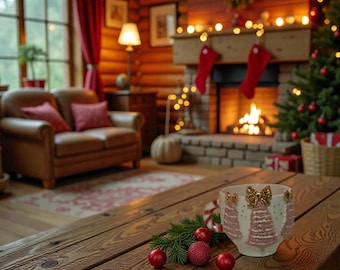 Handmade Ceramic Pink Christmas Tree Turkish Coffee Cup – 120ml with Saucer, Glazed Inside & Artisan