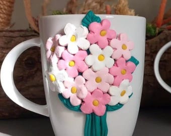 Taza floral hecha a mano con plato – Taza de cerámica con forma de flor, regalo elegante para ella, café de cerámica