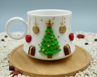 Handmade Christmas Tree Turkish Coffee Cup, Polymer Clay Decor