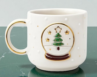 Handmade Christmas Globe Mug – Personalized 24K Gold Name Cup 300ml, Holiday Ceramic Coffee