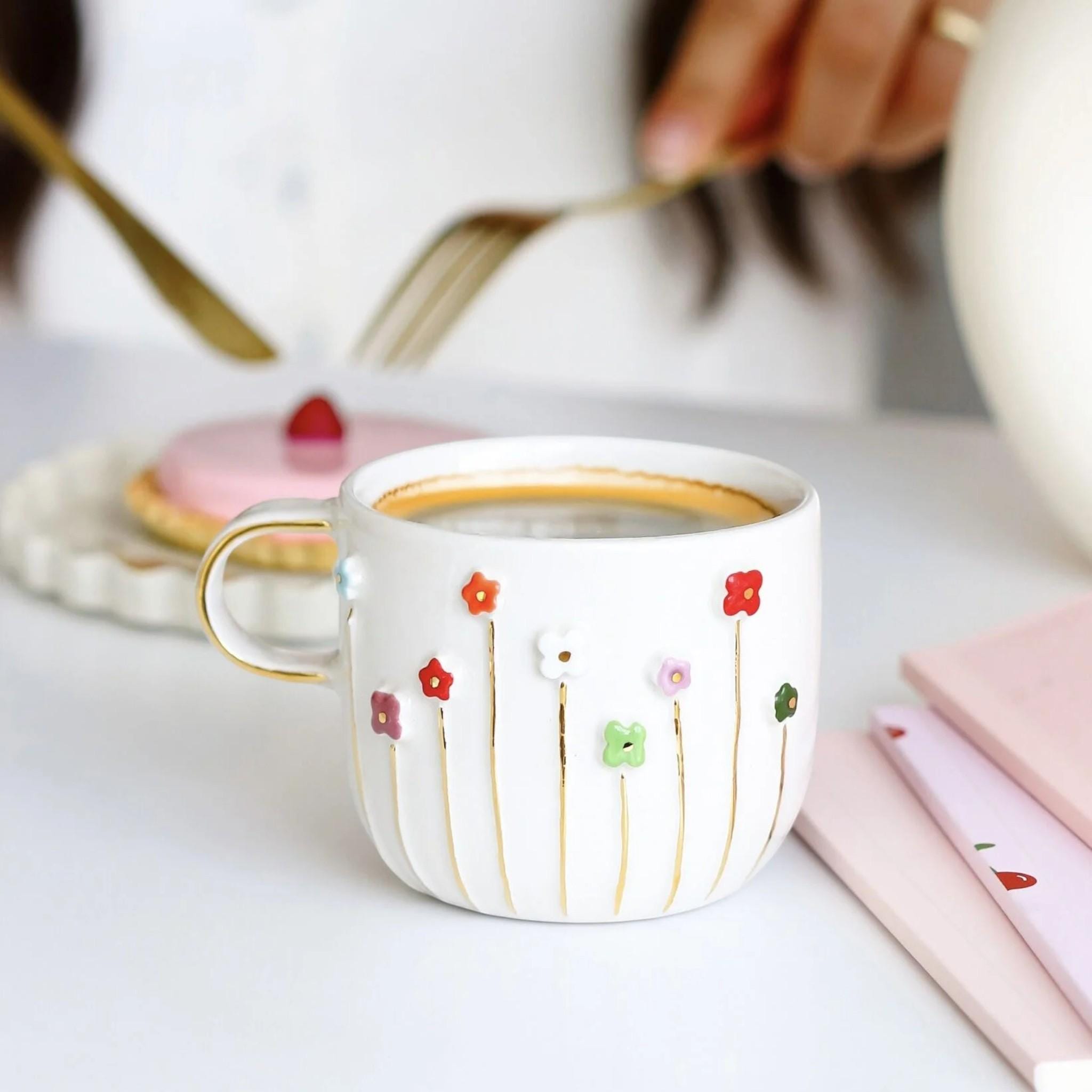 Handmade Floral Ceramic Coffee Mug With 24k Gold Accents - Gift Wrapped ...