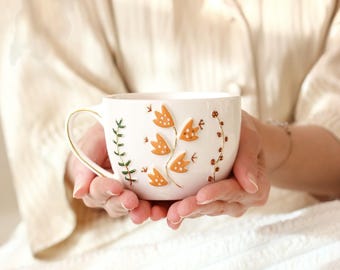 Handmade Latte Mug - Floral Coffee Cup, Gold Detail Gift