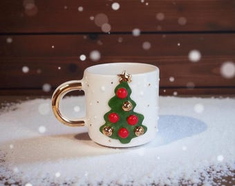 Handmade Ceramic Mug with 24K Gold – Pine Tree Design, Unique Artisan Coffee Mug