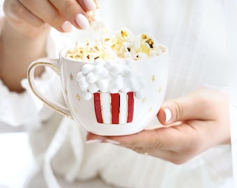 Popcorn Mug - Handmade Ceramic Cup, Gold Detail Latte Art, Coffee Lover Gift