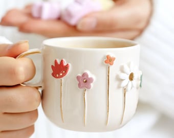 Handmade Floral Mug with  Gold Detailing – Ceramic Flower Coffee Cup – Elegant Gift