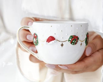 Tazza natalizia in ceramica fatta a mano con oro 24k: tazza da caffè natalizia festiva