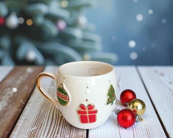 Handmade Ceramic Mug with 24K Gold – Christmas Spirit Mug, 320ml Holiday Coffee Cup