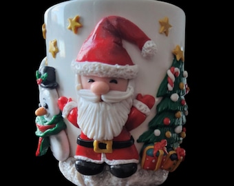 Handmade Christmas Mug, Polymer Clay Santa, Festive Holiday Decor