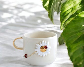 Ladybug Mug - Handmade Ceramic Cup, Gold Detail, Gift for Her