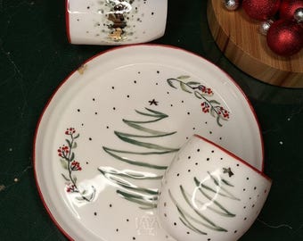 Handmade Porcelain Plate – Pine Tree Design, 21cm Ceramic Dinner Plate, Nature Inspired Pottery