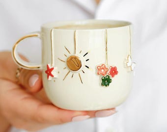 Handmade Ceramic Floral Mug with 24K Gold Details – Sun & Butterfly Design, Summer Theme Cup