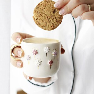 Handmade Ceramic Floral Mug: 24k Gold Accents, Gift-Ready