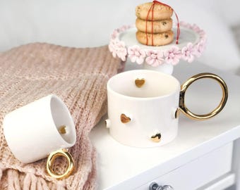 Handgemachte Keramik Liebe Herzen Tasse - 24K Gold Details, Romantisches Geschenk