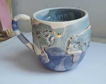 Handmade Ceramic Mug with 24K Gold – Watercolor World Design Cup, Artistic Pottery Coffee Mug