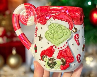 Handmade Grinch Ceramic Mug – 24K Gold Detail, Holiday Coffee Cup