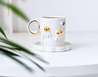 Handmade Ceramic Turkish Coffee Cup – Daisy Design with 24k Gold Accents