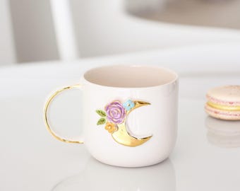 Moon Mug - Handmade Lunar Cup, Gold Accents, Celestial Gift