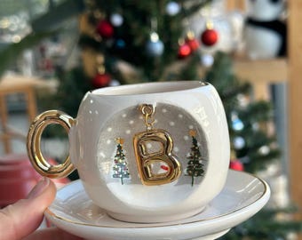 Personalized Winter Tea Cup with 24K Gold Letter – Handmade Ceramic and Saucer Set, 220ml