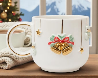 Tazza con campanelle sospese fatta a mano - Tazza natalizia personalizzata con nome in oro 24K da 300 ml, tazza in ceramica goffrata