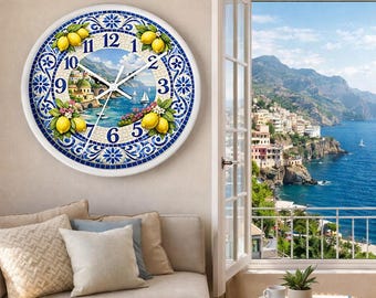 Amalfi Coast Mosaic Wall Clock | Blue and White Tile Design with Lemons | Mediterranean Coastal Home Decor Gift | Housewarming Gift