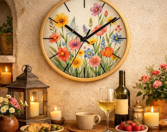 Wildblumen Wanduhr | Blumen Uhr Dekor | Botanische Kunst Wanduhr | Muttertag Geschenk | Rustikale Blumenuhr | Landhaus Dekor