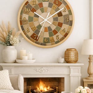 Boho Mosaic Tile Print Wall Clock | Vintage Clock | Retro Home Decor | Minimalist Gift | Modern Neutral Earth Tone Clock | Mothers day Gift
