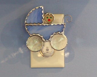 Blue Baby Carriage Stained Glass Night Light