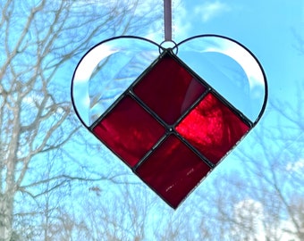 Clear and Red Stained Glass Heart Suncatcher