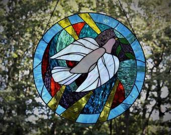 Stained Glass Circular Panel White Dove "Peace in a World of Turmoil"