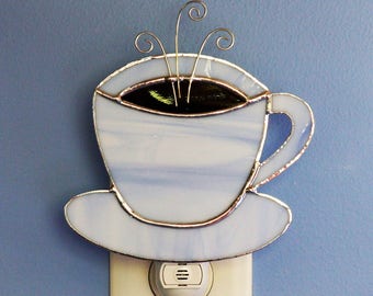 Blue China Cup of Joe Stained Glass Night Light Good Mornin'