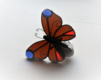 Stained Glass Golden Butterfly with Blue and Orange Accents Night Light