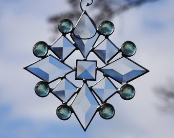 Beveled Stained Glass Snowflake with Pale Green Jewels Suncatcher Ornament