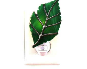 Green Elm Leaf Stained Glass Night Light