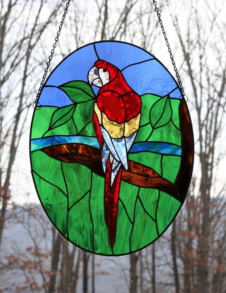 Stained Glass Beveled Parrot Window Panel Colorful Beautiful Etsy