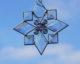 Beveled Stained Glass Snowflake with Periwinkle Lavender Jewels Suncatcher Ornament