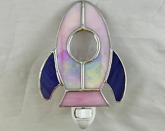 Pink Iridescent Rocketship Stained Glass Nightlight