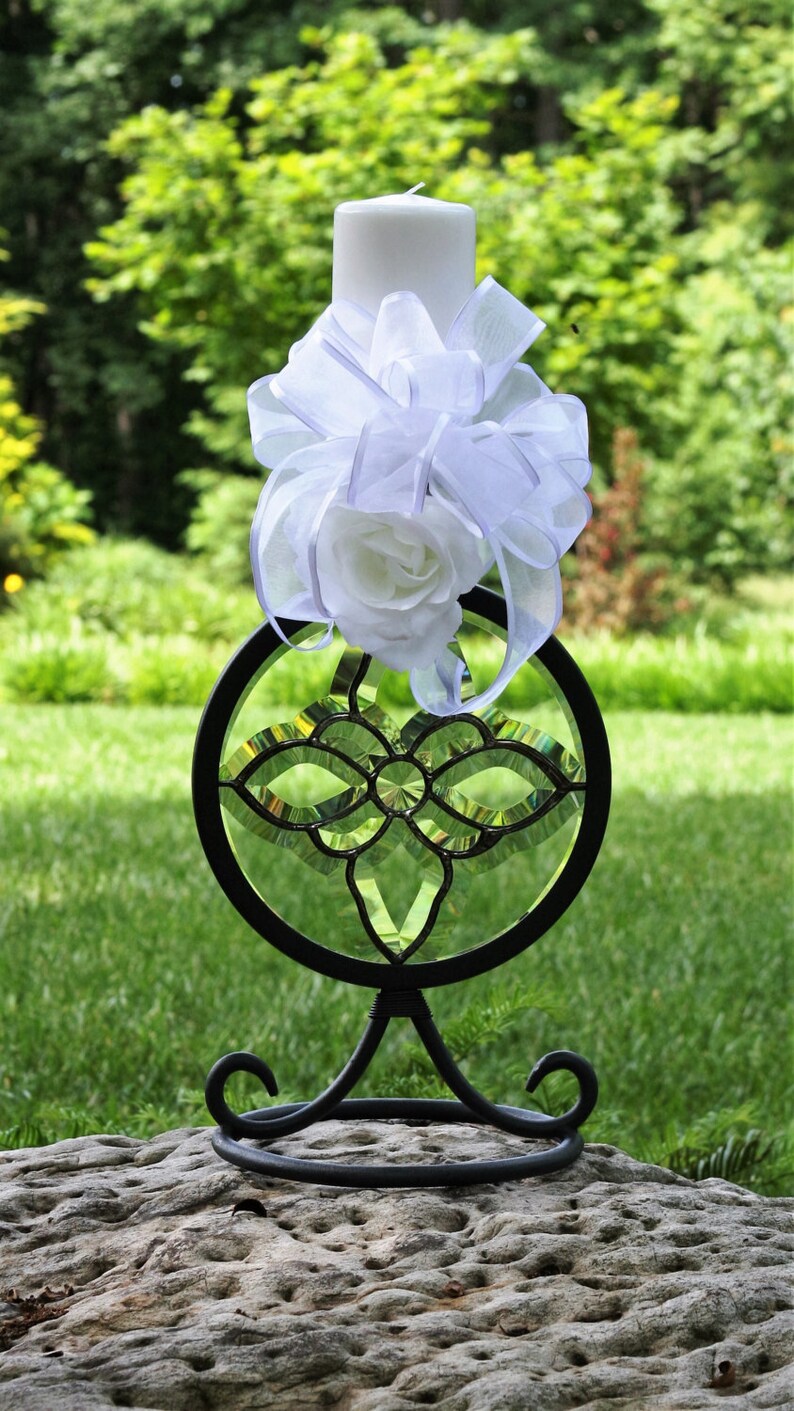 Unity Candle Holder Black Wrought Iron with Clear Beveled Stained Glass Beautiful Christmas Wedding image 1