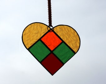 Autumn Fall Harvest Gold Green Orange Red Stained Glass Heart Suncatcher