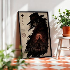 May include: A framed poster featuring a dark illustration of a character in a wide-brimmed hat, with the text Hellsing and Japanese characters. The artwork depicts a gothic castle under a large moon, surrounded by tombstones and silhouettes.