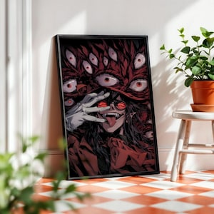 Könnte beinhalten: Gerahmter Kunstdruck mit einem Anime-Charakter mit roten Augen und einem roten Mantel. Das Kunstwerk zeigt mehrere schwebende Augen und eine behandschuhte Hand. Die Figur streckt die Zunge heraus. Der Druck ist in einem schwarzen Rahmen.